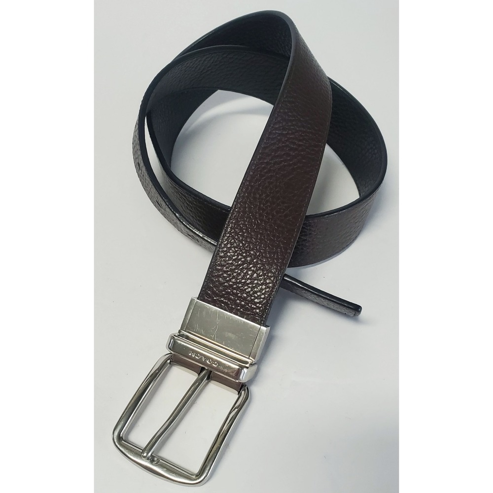 Coach Belt 34 Modern Harness Reversible Pebble Brown &Black Silver Tone Hardware